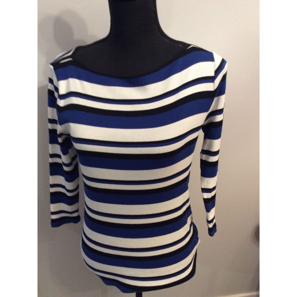 Lauren Ralph Lauren Petite PL Blue White Black Striped Sweater Cotton